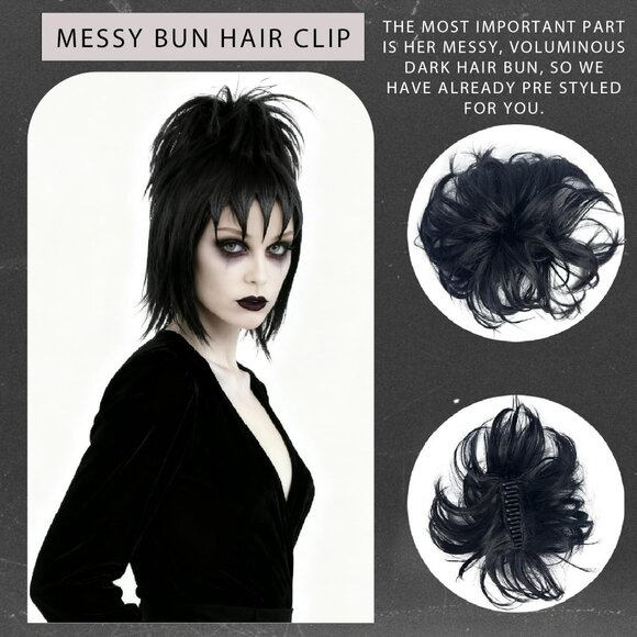 Short Black Wavy Wig with Bangs Bun Hair Clip Pre-styled Gothic - Picture 3 of 5
